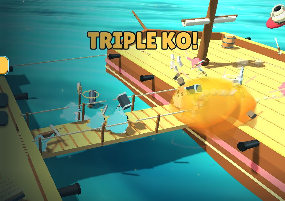 A blast on the gangplank of Pirate standoff sends three fighters flying: Triple KO!
