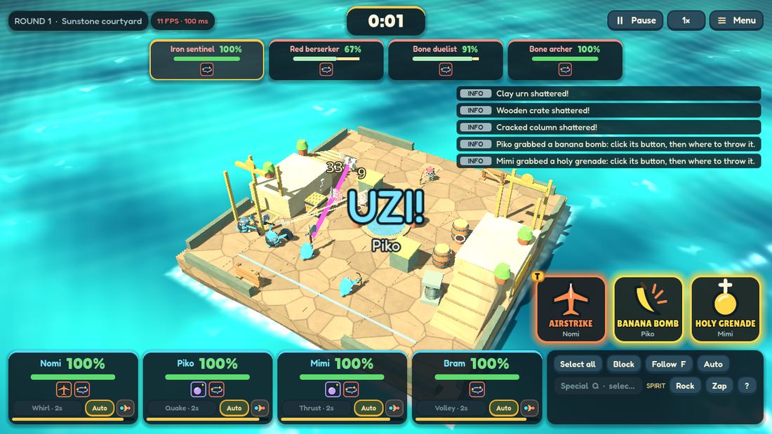 An uzi blast with airstrike, banana bomb and holy grenade waiting in the super dock