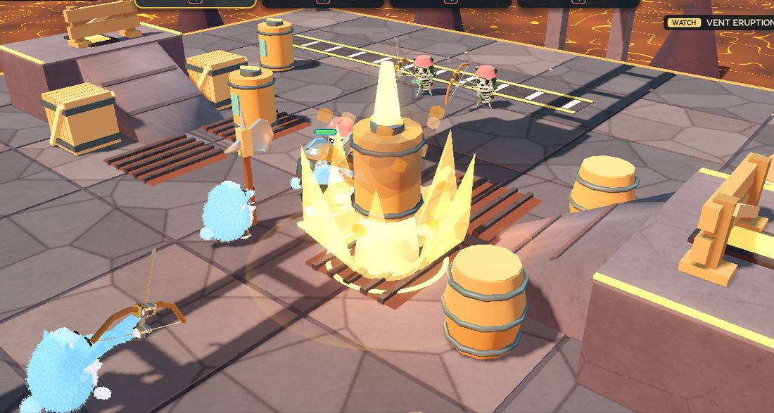 A glowing vent erupts under fighters in the Ember foundry